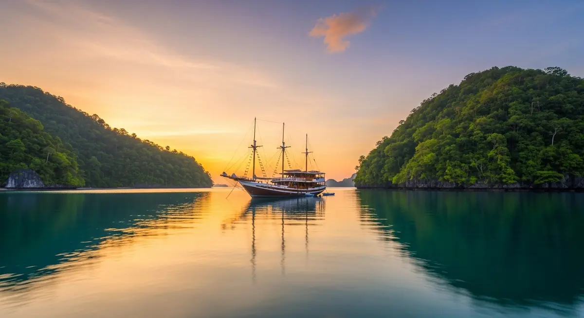 Liveaboard phinisi yacht moored in a calm sheltered Indonesian anchorage at golden hour