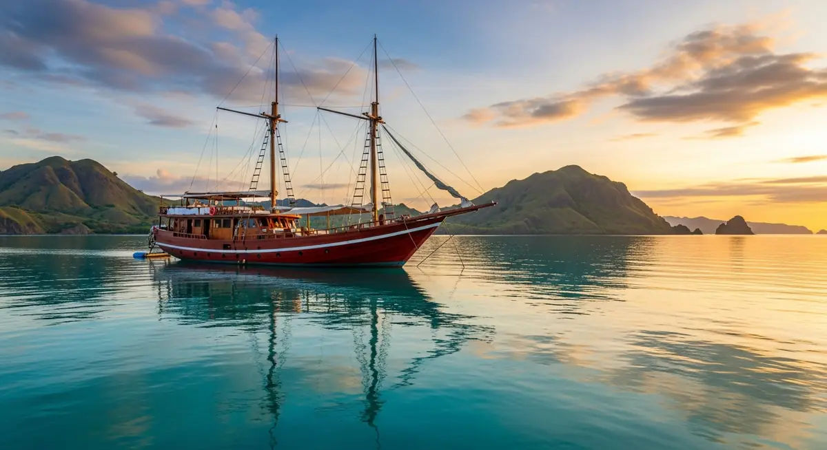 Traditional Indonesian phinisi sailing schooner anchored in turquoise water