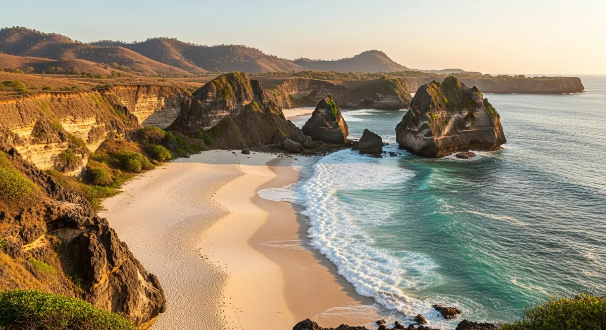 Wild undeveloped Sumba coastline with limestone cliffs and turquoise Indian Ocean surf